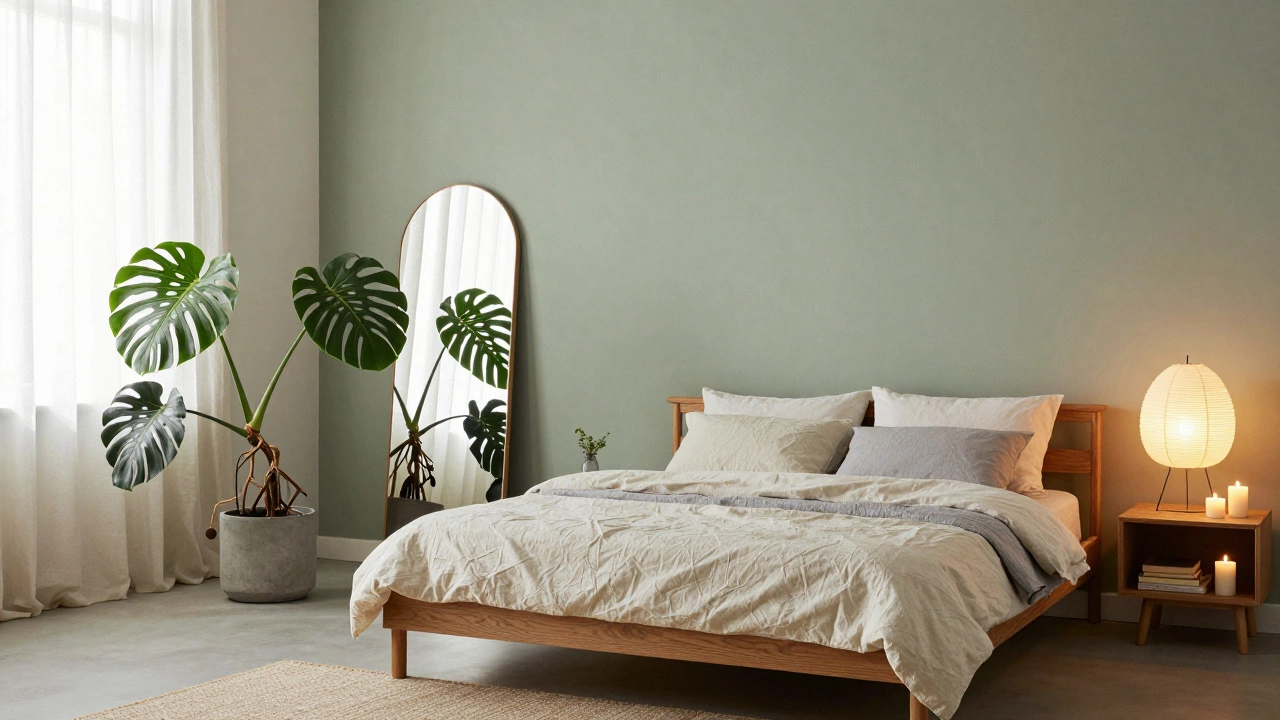 Serene minimalist boho bedroom with linen bedding, plants, and warm lighting