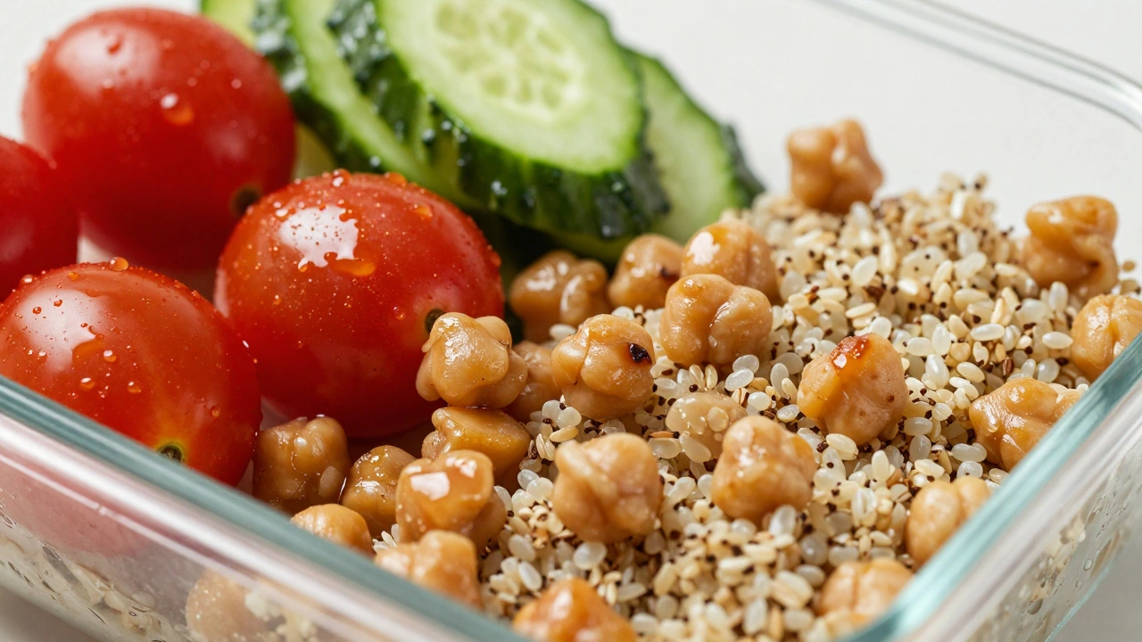 Soggy quinoa and wet vegetables mixed together in glass container