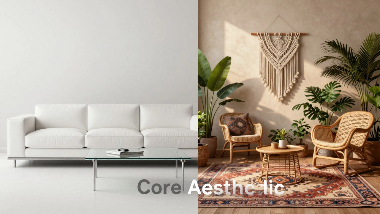 Split view contrasting minimalist white decor with bohemian patterns