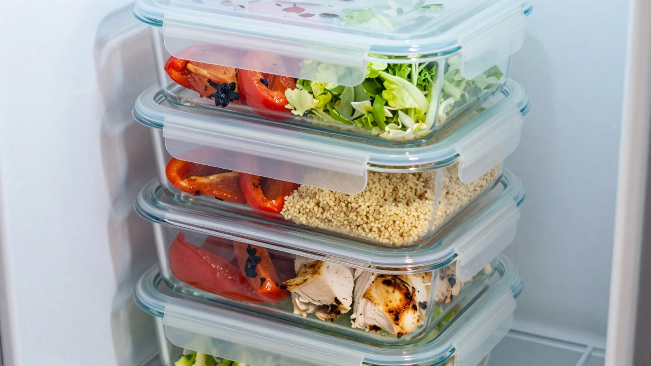 Stacked glass containers filled with colorful grains, proteins, and salads inside a fridge.