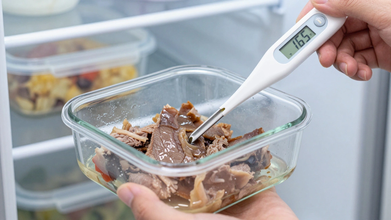 Thermometer checking temperature of questionable leftover food in a container.