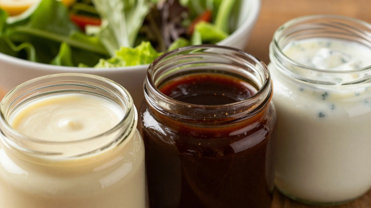 Three jars of sauce next to a salad bowl, illustrating separate storage.