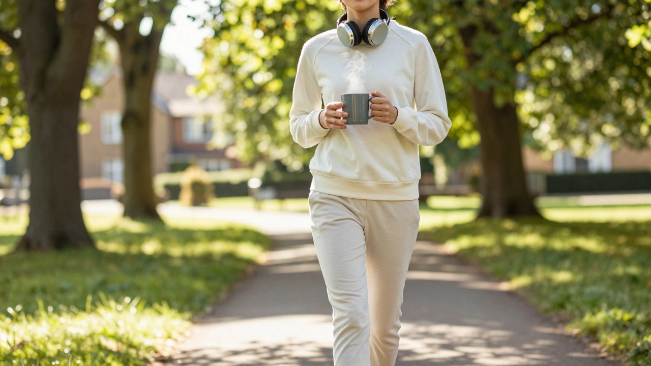 Woman walking in sunny park with coffee before starting work