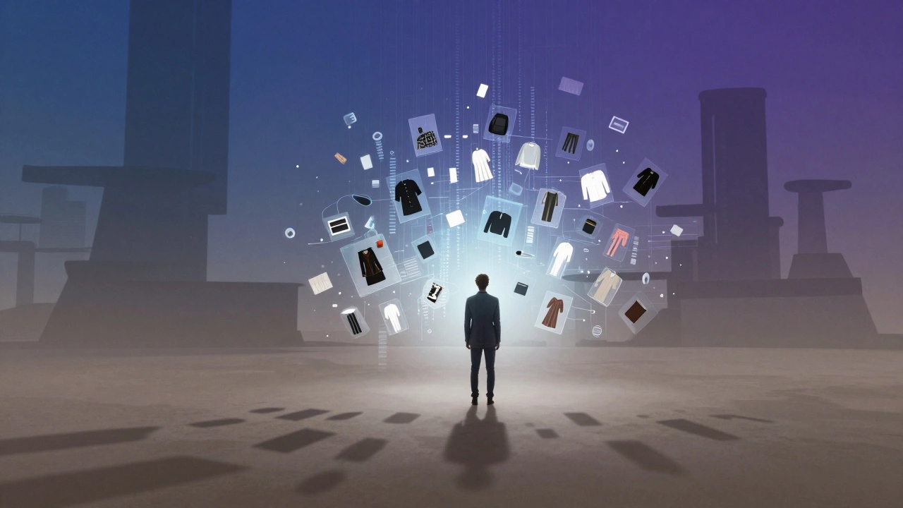 Abstract art of a person surrounded by dissolving digital clothing icons and algorithm shadows