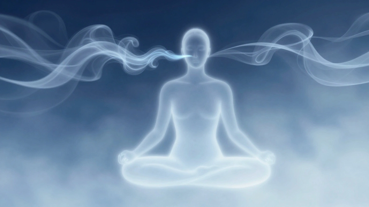 Abstract illustration of flowing breath ribbons around a meditator