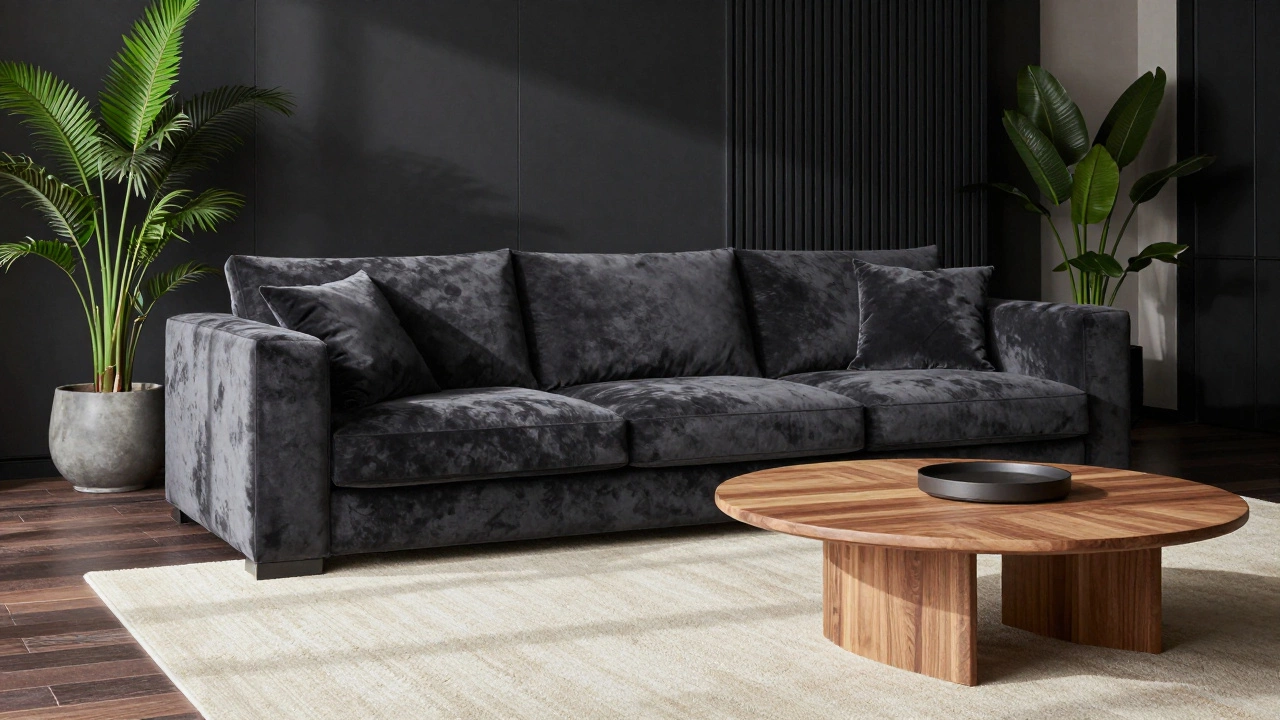 Charcoal gray velvet sofa with plants and light wood accents
