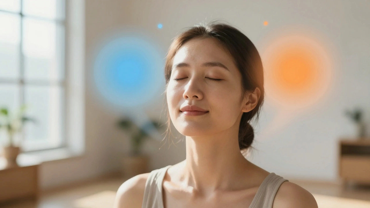 Close-up of a person meditating with abstract emotion orbs dissolving around them