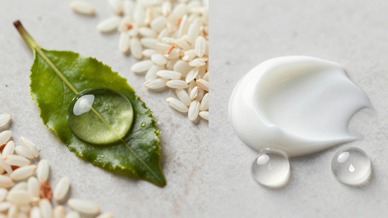 Close-up of Korean botanical ingredients versus Japanese scientific skincare elements.