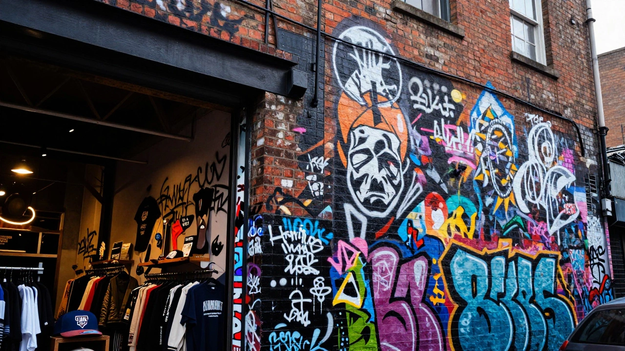 Colorful street art on a brick wall in trendy Shoreditch