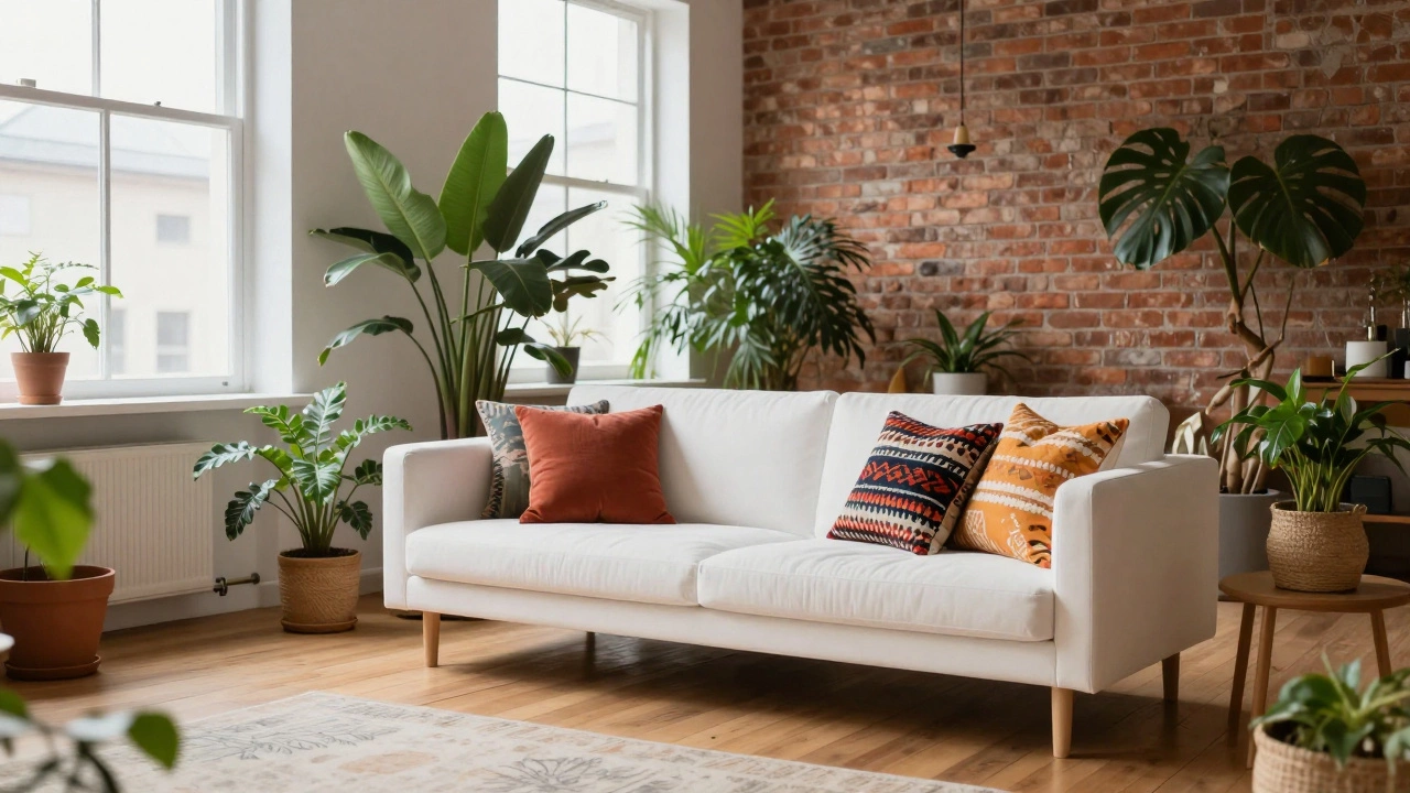 Eclectic living room mixing minimalist furniture with bohemian plants and colors