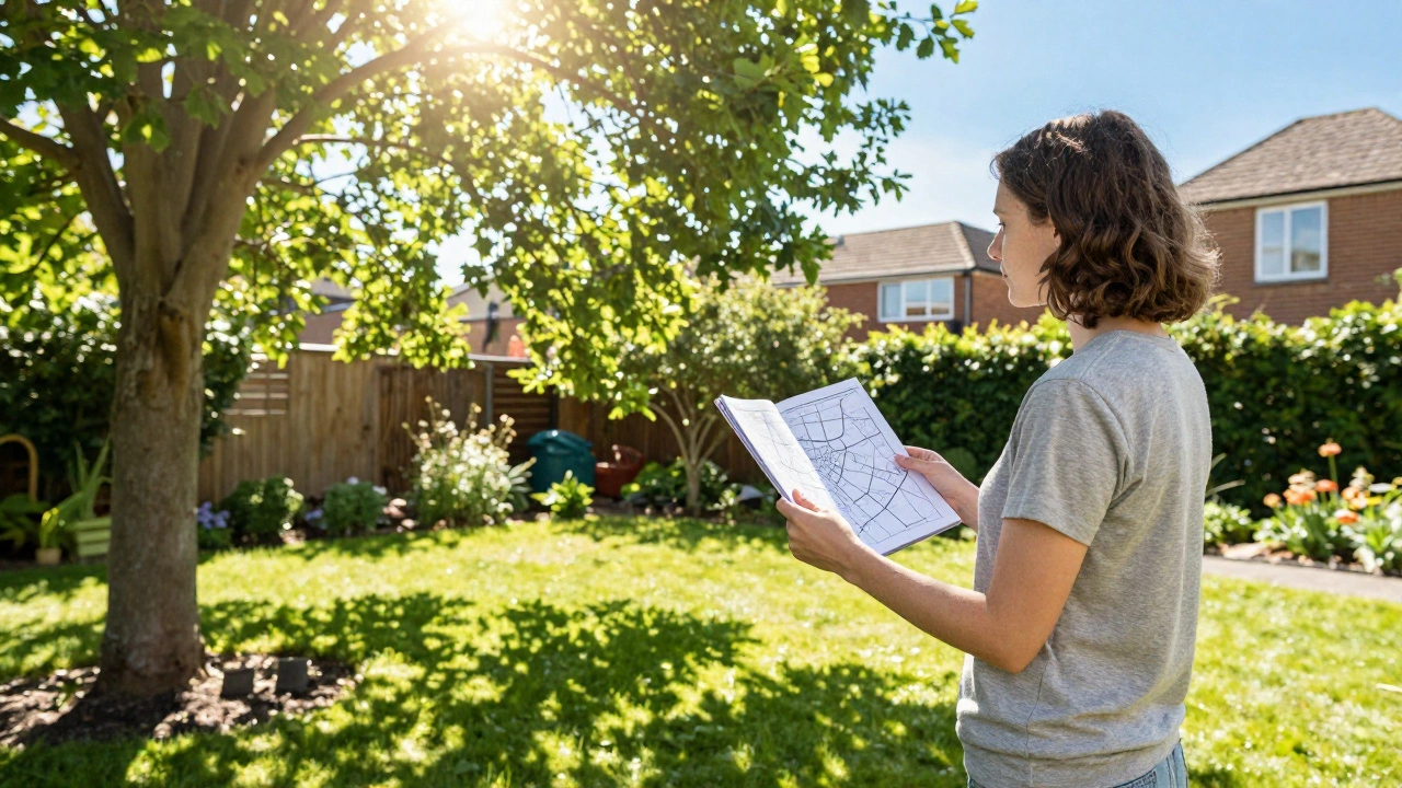 Gardener mapping sunlight and shadows in a backyard before planting