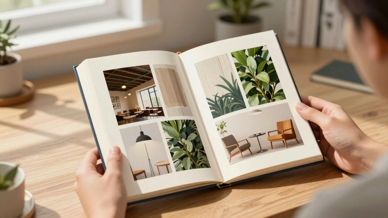 Hands holding a scrapbook filled with interior design inspiration clippings