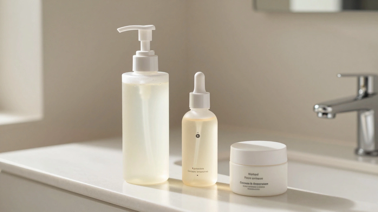 Hybrid skincare routine featuring both Korean and Japanese products on a vanity.