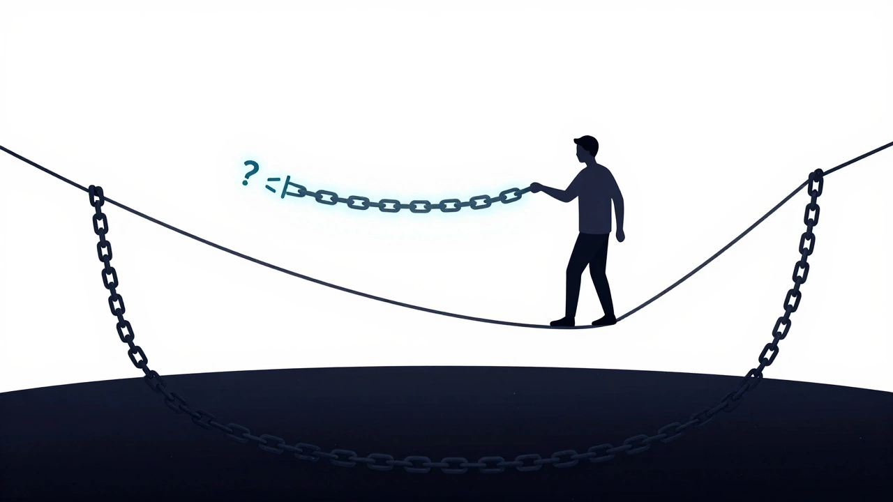 Minimalist illustration of a person struggling against chains of doubt