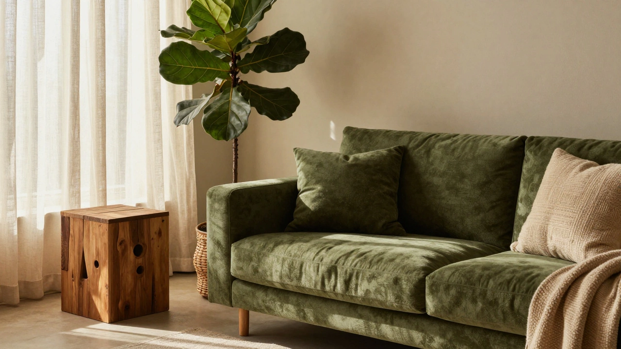 Olive green textured sofa in a cozy, nature-inspired room