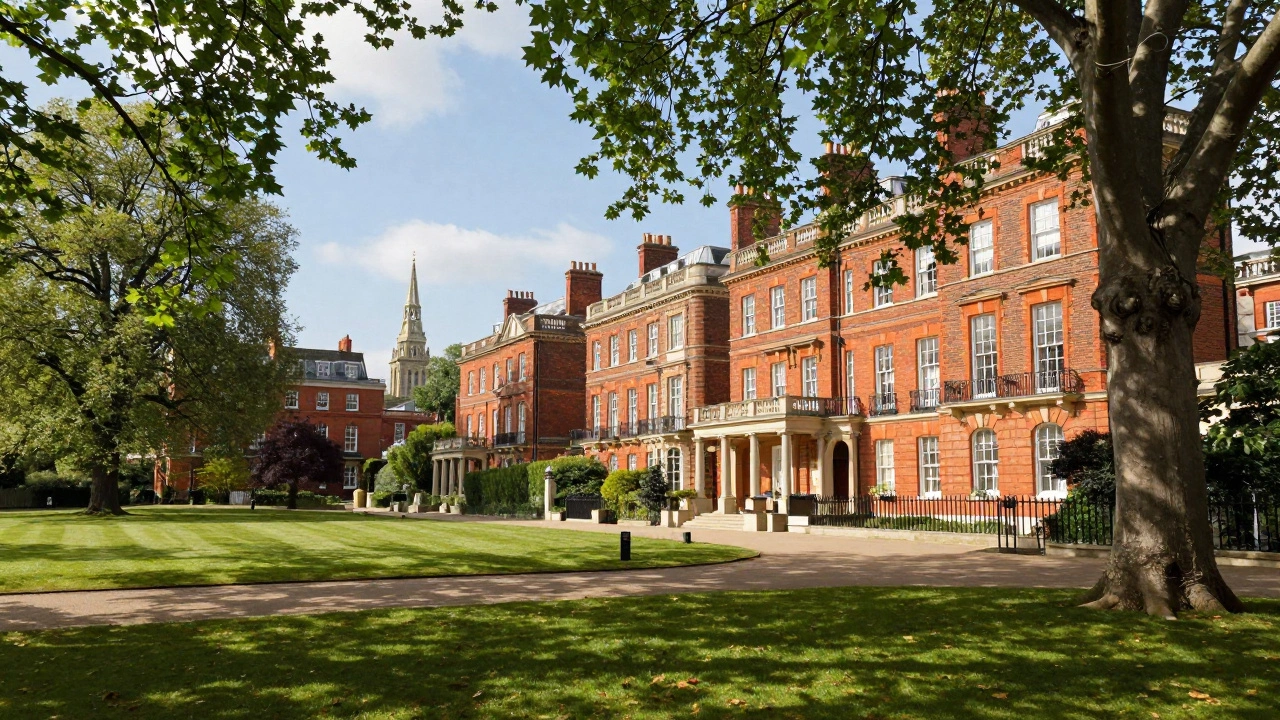 Peaceful Kensington gardens with Victorian architecture