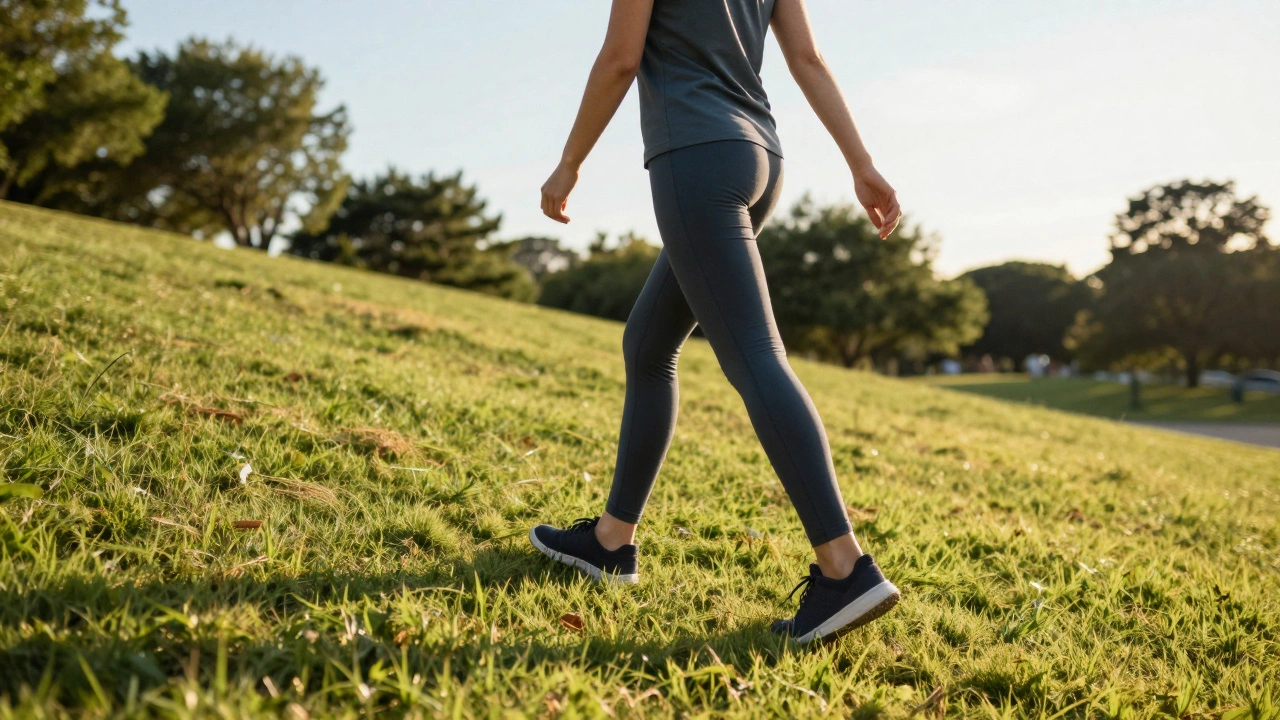 Person walking up a grassy hill outdoors in sunlight, demonstrating consistent fitness.