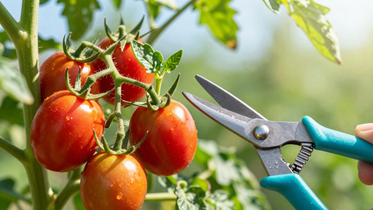 Pruning shears cutting tomato suckers to redirect energy to fruit