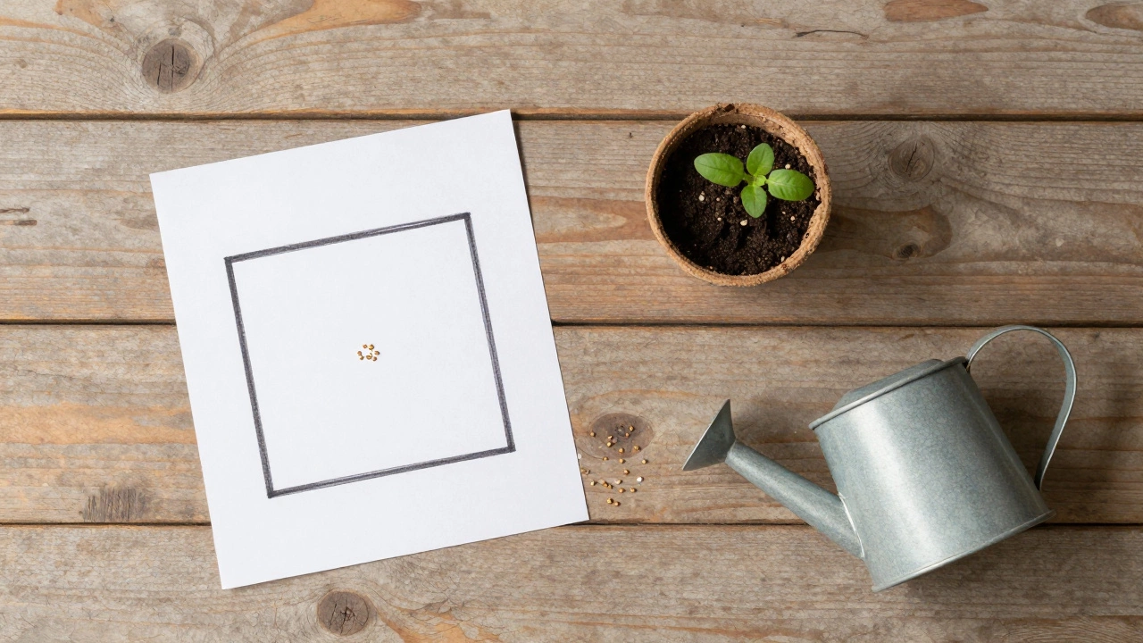Small gardening plan with seeds, seedling, and tools on a table