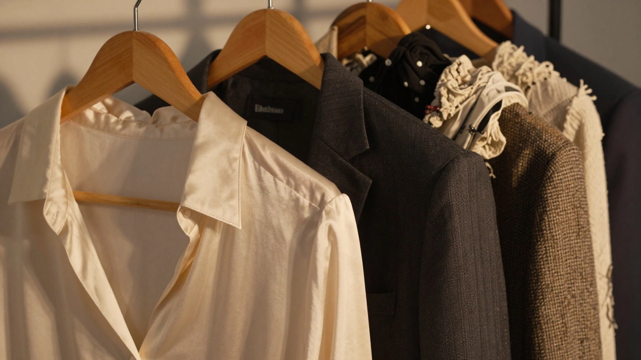 Still life of high-quality hanging clothes next to crumpled cheap fast fashion waste
