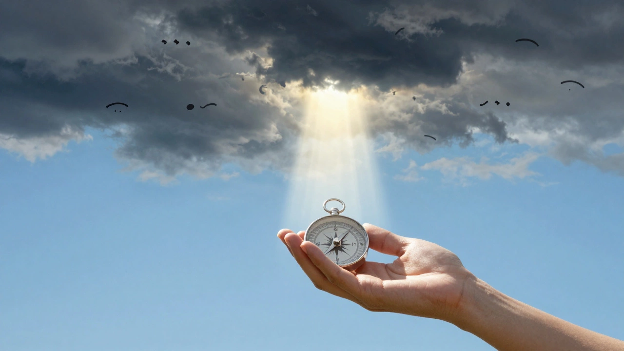 Storm clouds drifting away to reveal clear sky and a compass