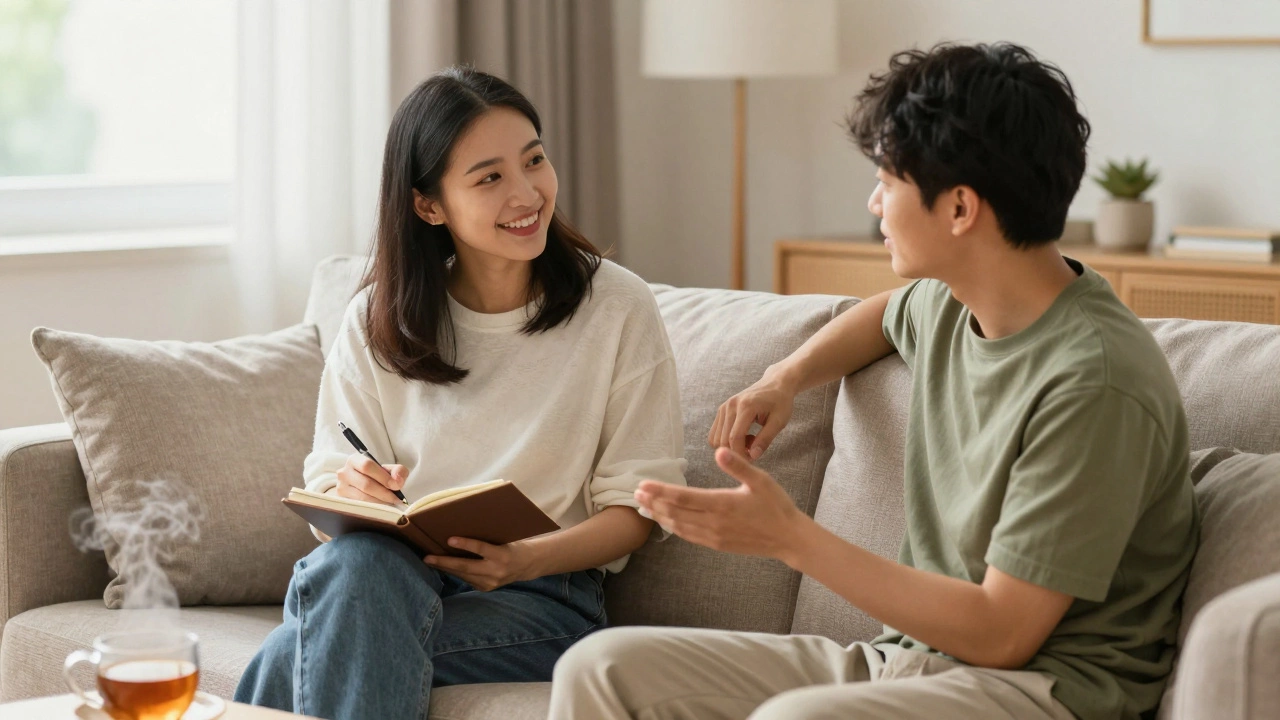 Two friends talking on a sofa with a journal, representing social support
