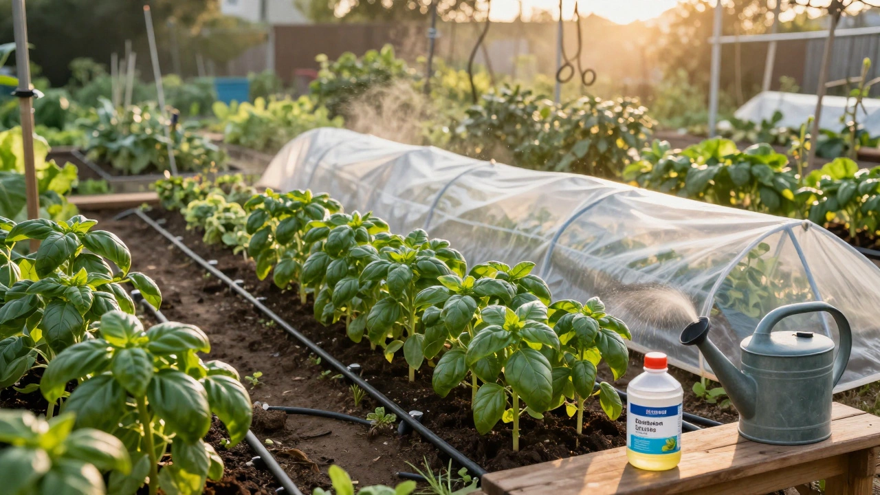 Vegetable garden with drip irrigation and row covers for faster growth