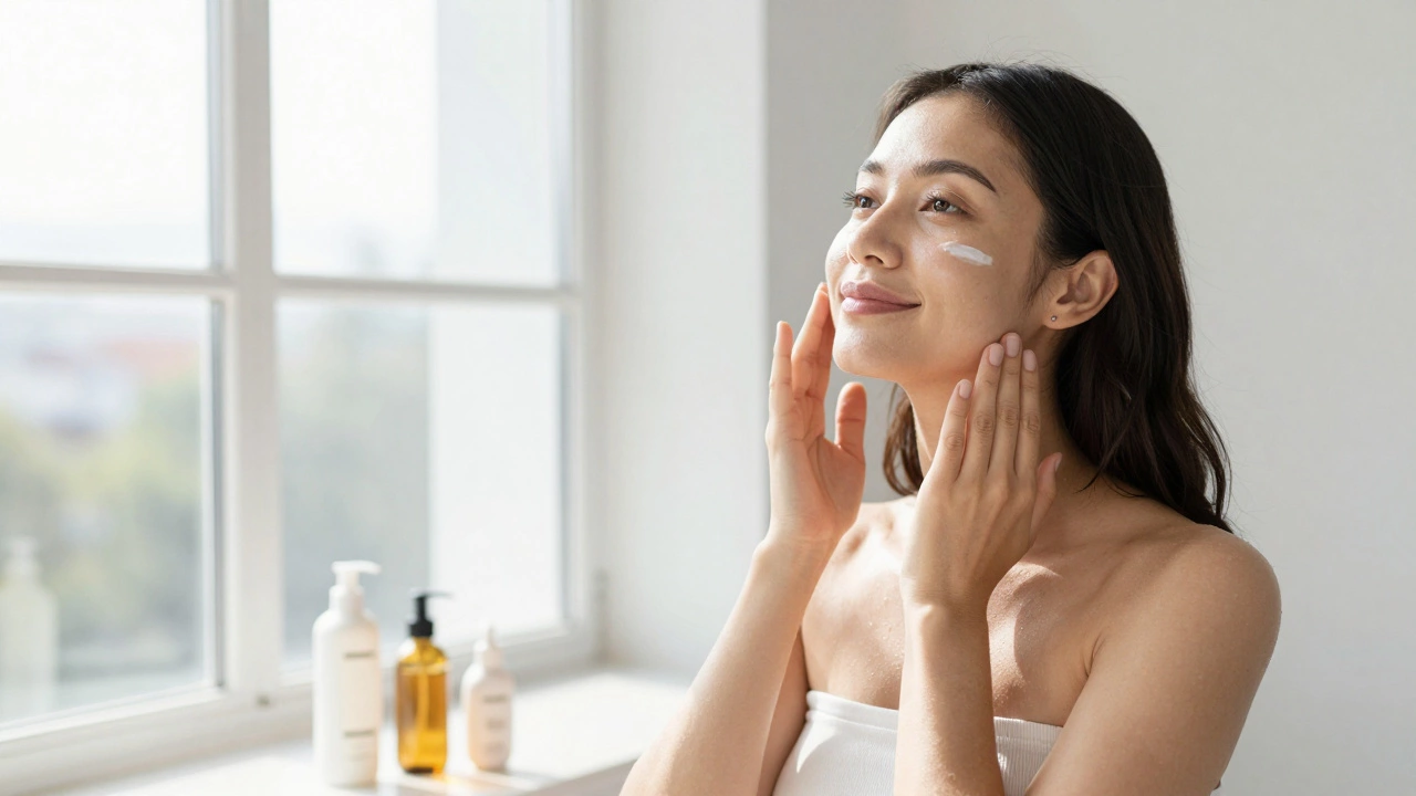 Woman applying sunscreen near a sunny window
