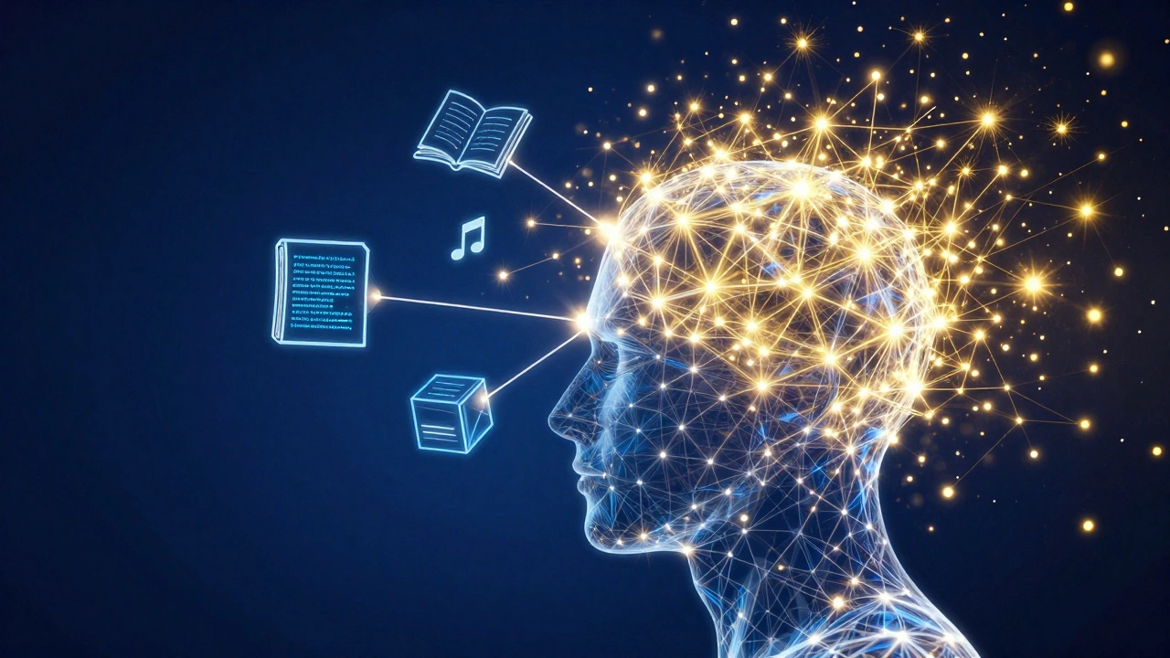 Abstract illustration of glowing neural networks forming knowledge connections