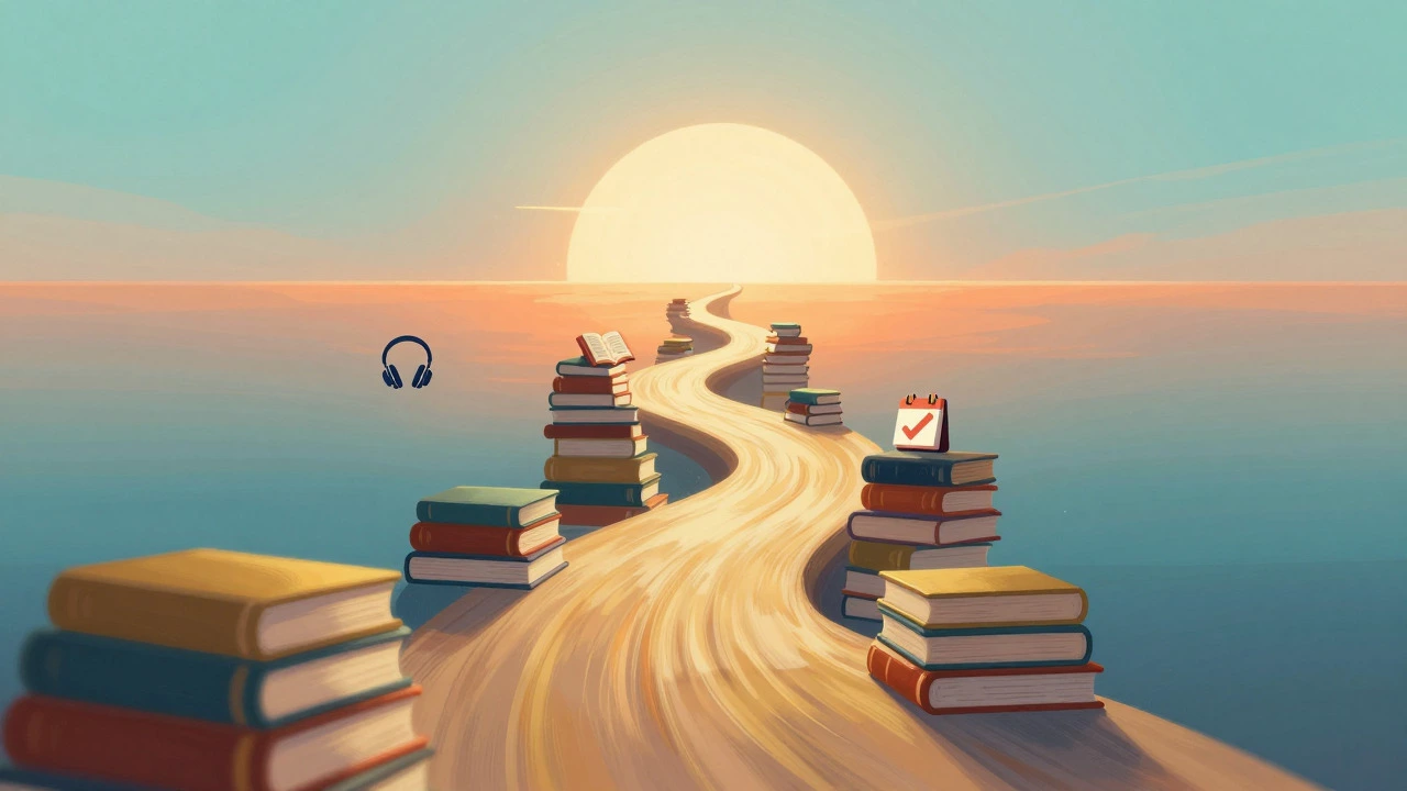 Abstract path of books leading to a bright horizon