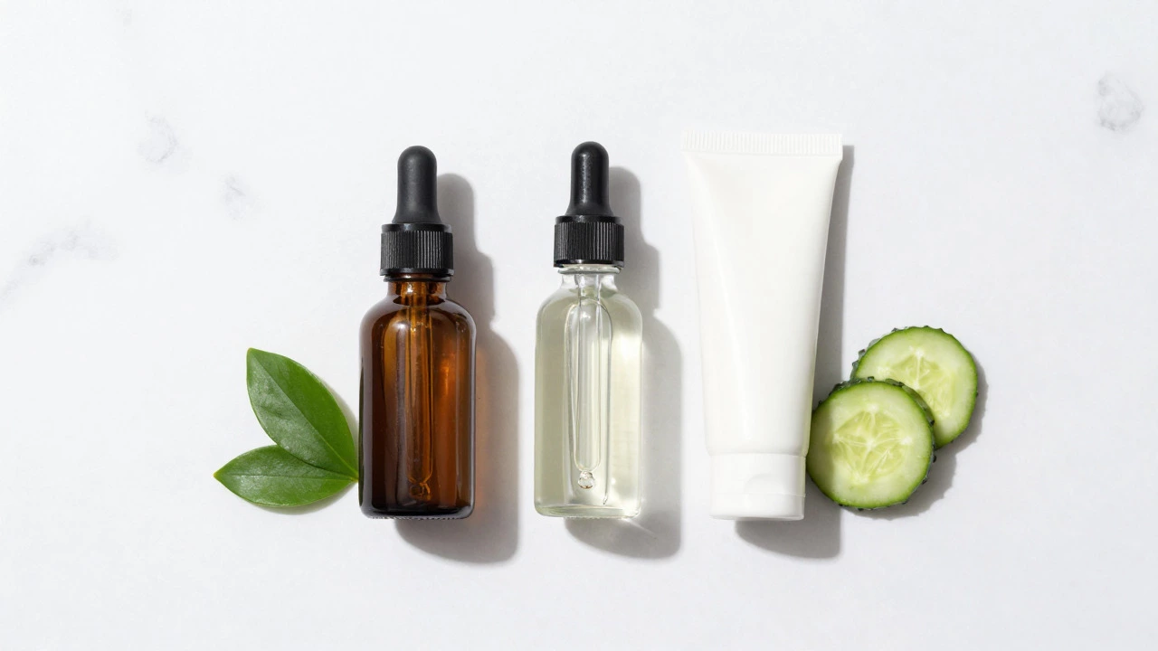 Flat lay of retinol serum and skincare bottles on marble