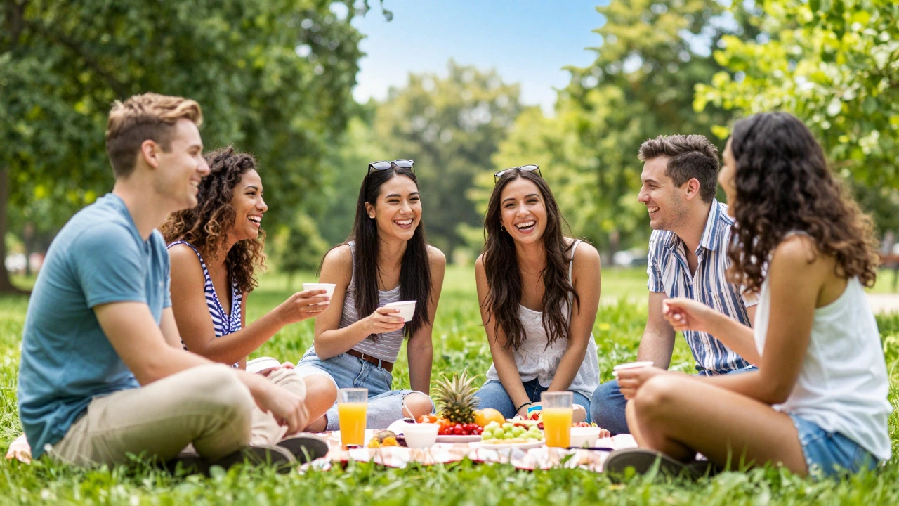 Friends laughing together in a park