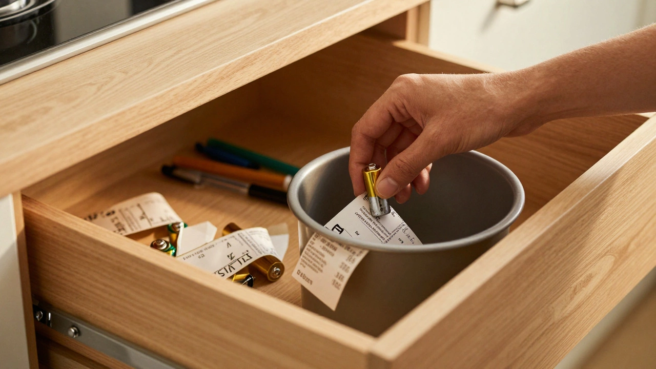 Hands clearing junk drawer showing simple decluttering step