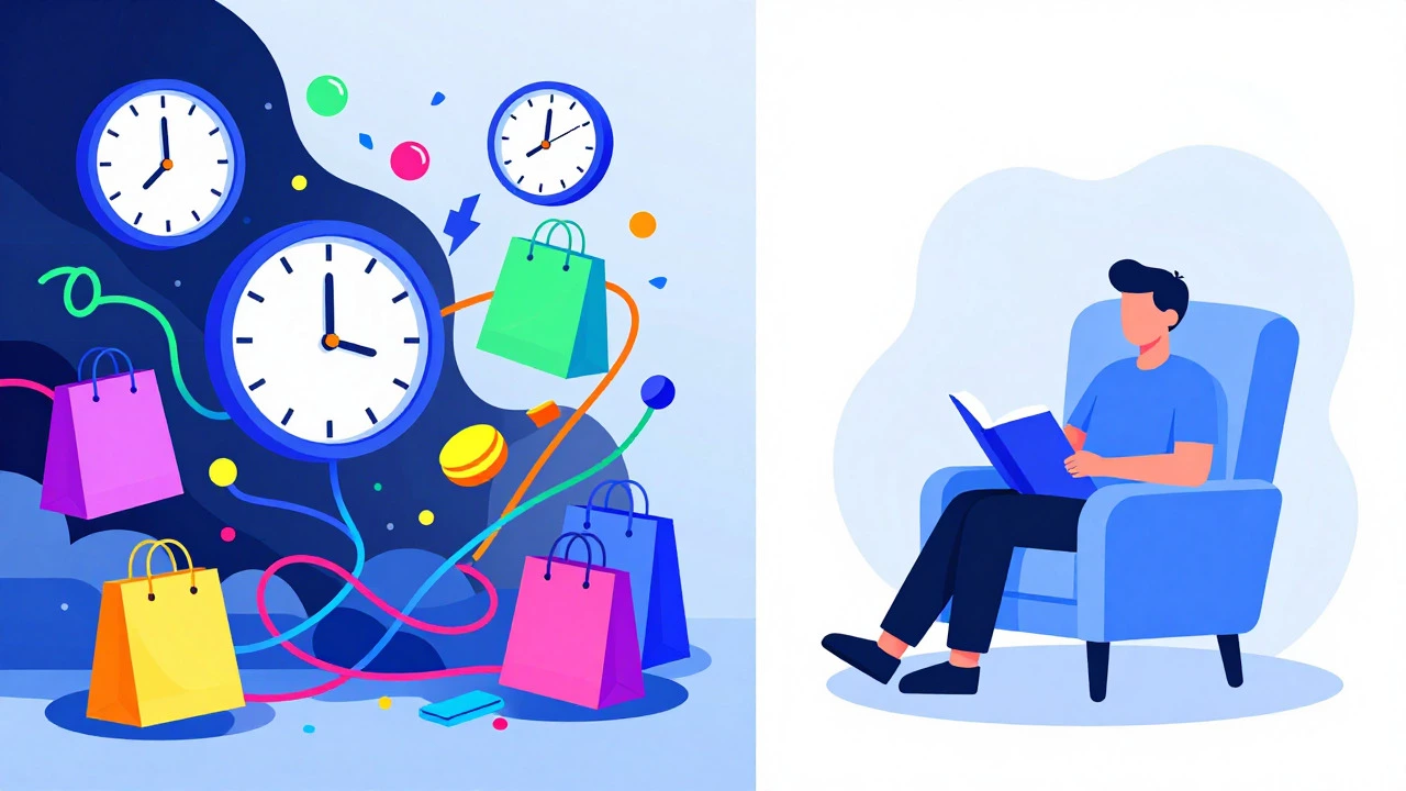 Illustration contrasting chaotic hustle culture with peaceful minimalism