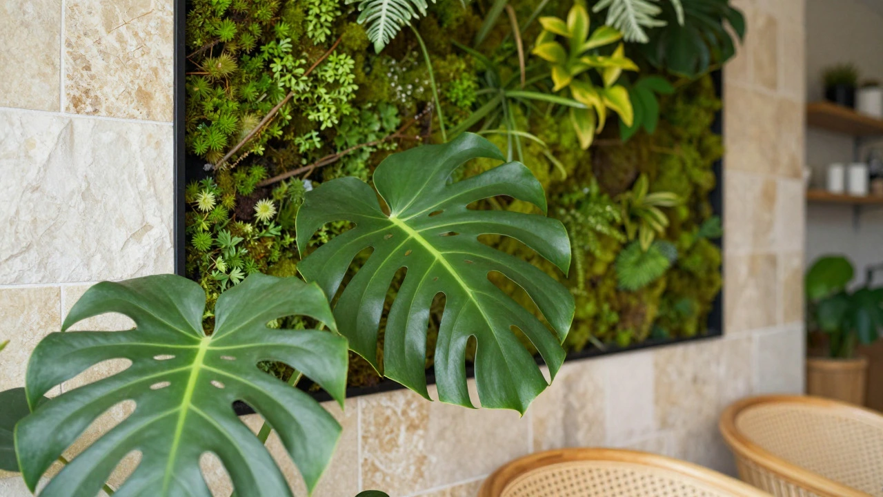 Lush indoor plants and moss wall creating a biophilic design feature