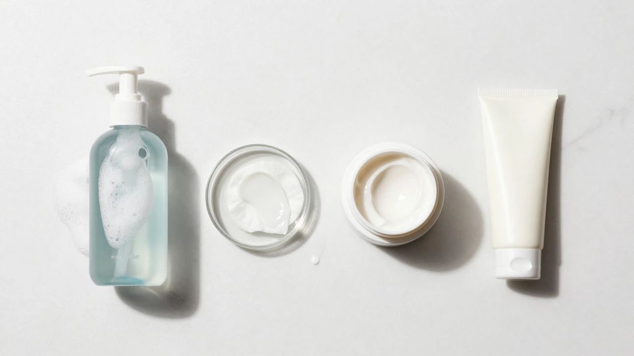 Minimalist flat lay of four essential skincare products on marble surface