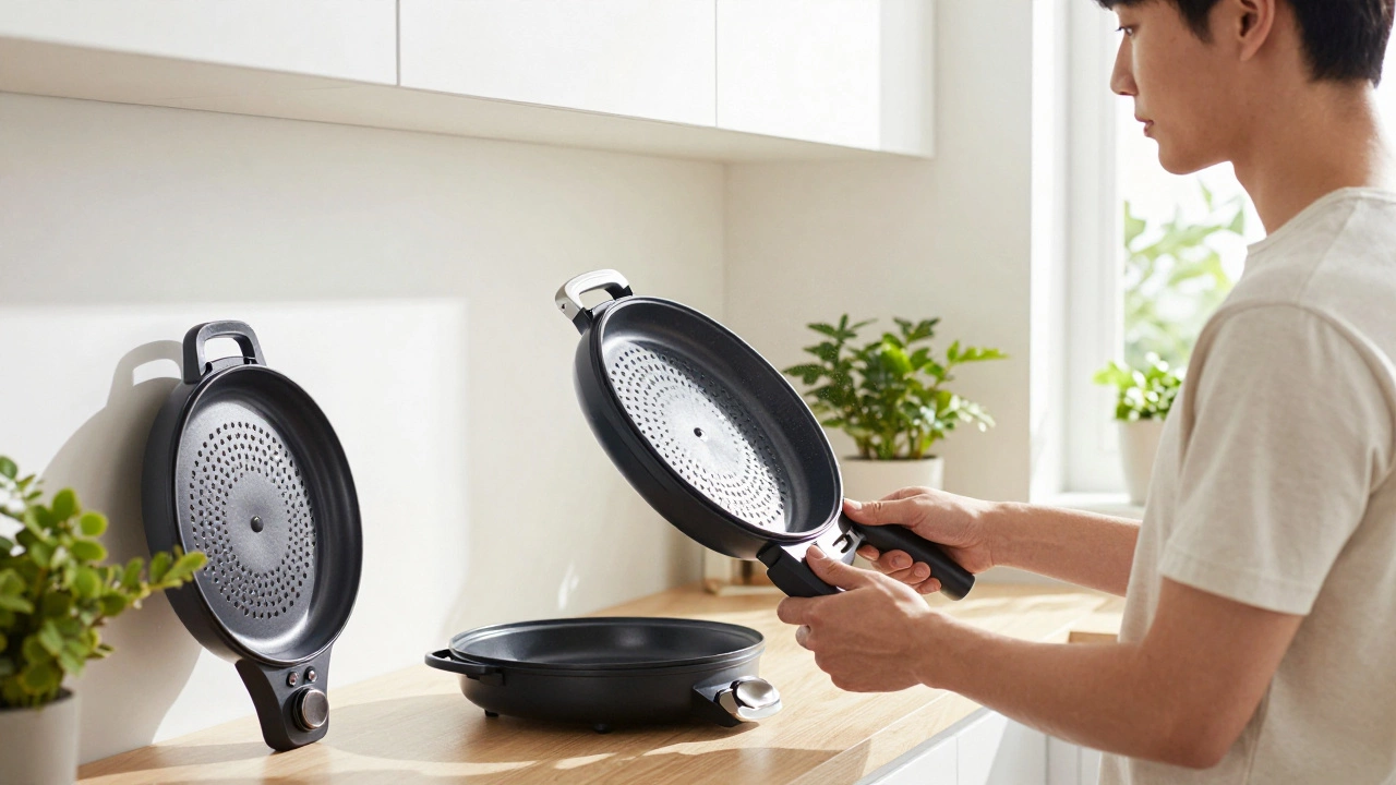 Person deciding whether to keep an unused kitchen gadget in a sunlit room.