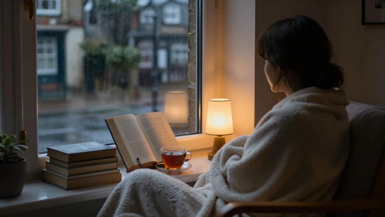 Person relaxing in a cozy armchair by a rainy window at dusk