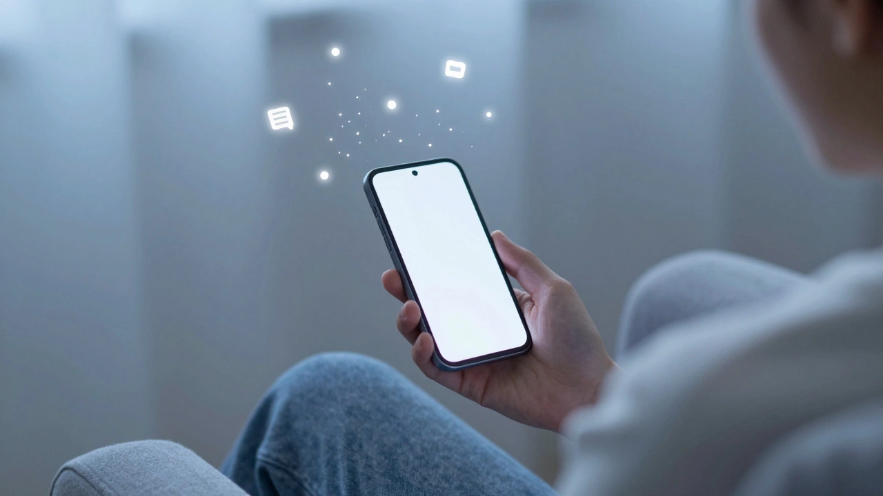 Person relaxing with phone as digital clutter fades away