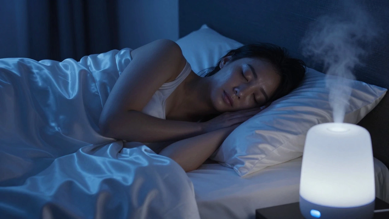 Person sleeping on silk pillowcase with humidifier nearby