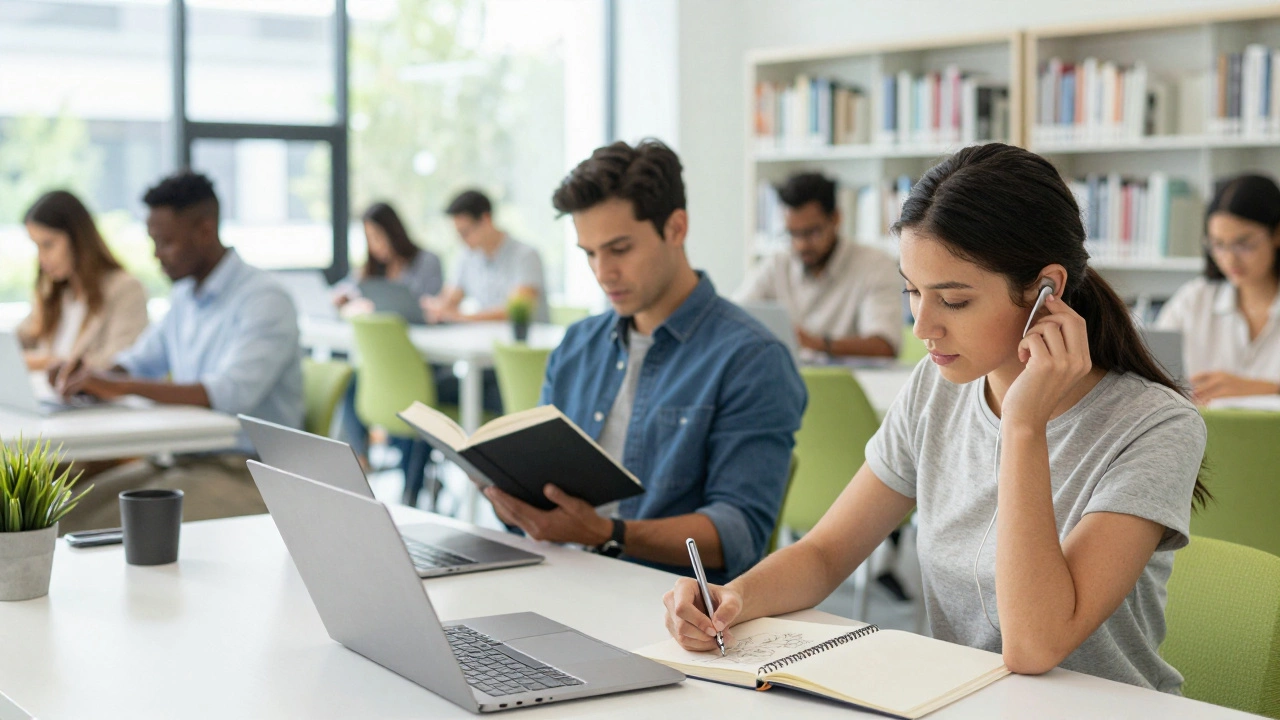 Professionals quietly studying and listening to audio in a bright workspace