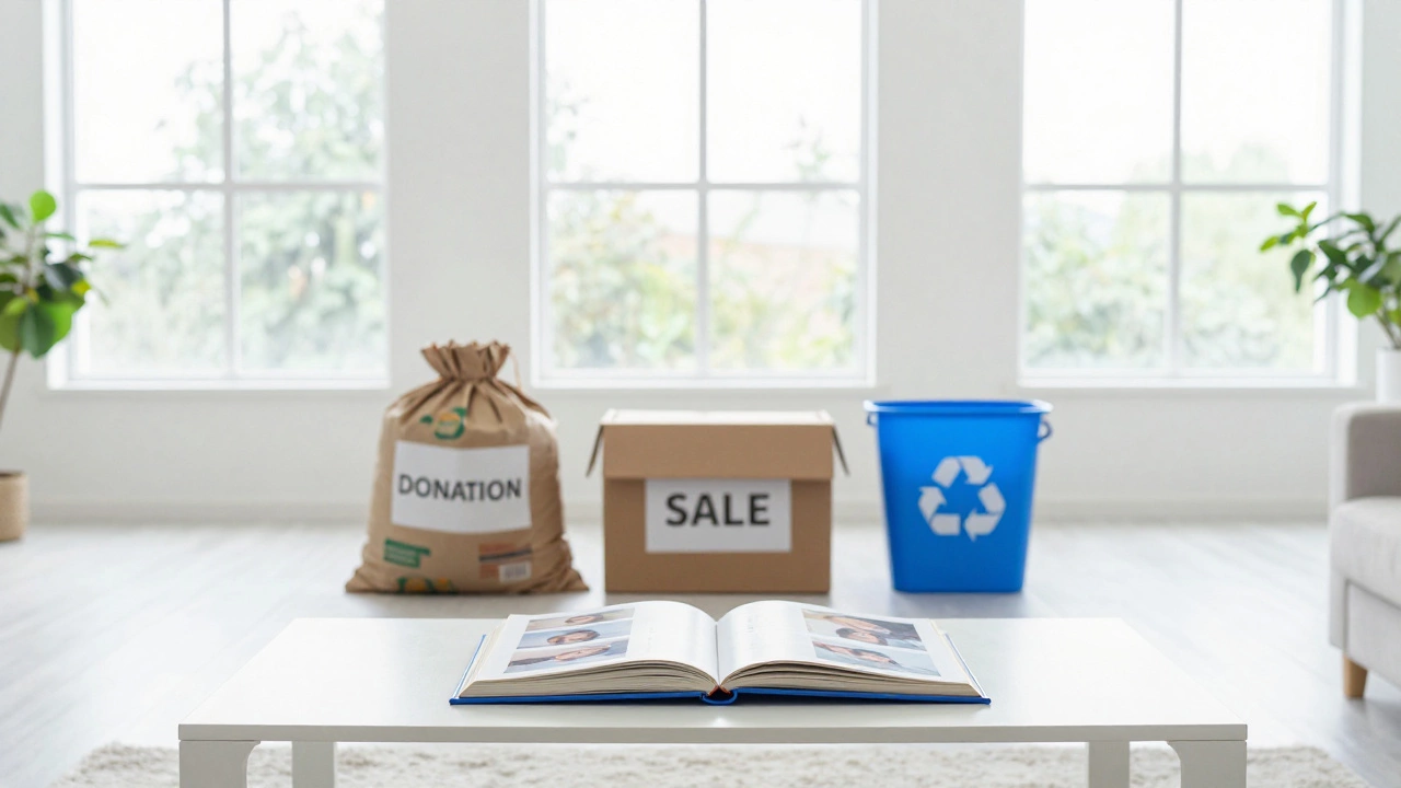 Tidy room with sorted piles for donation, sale, and recycling, showing peace.