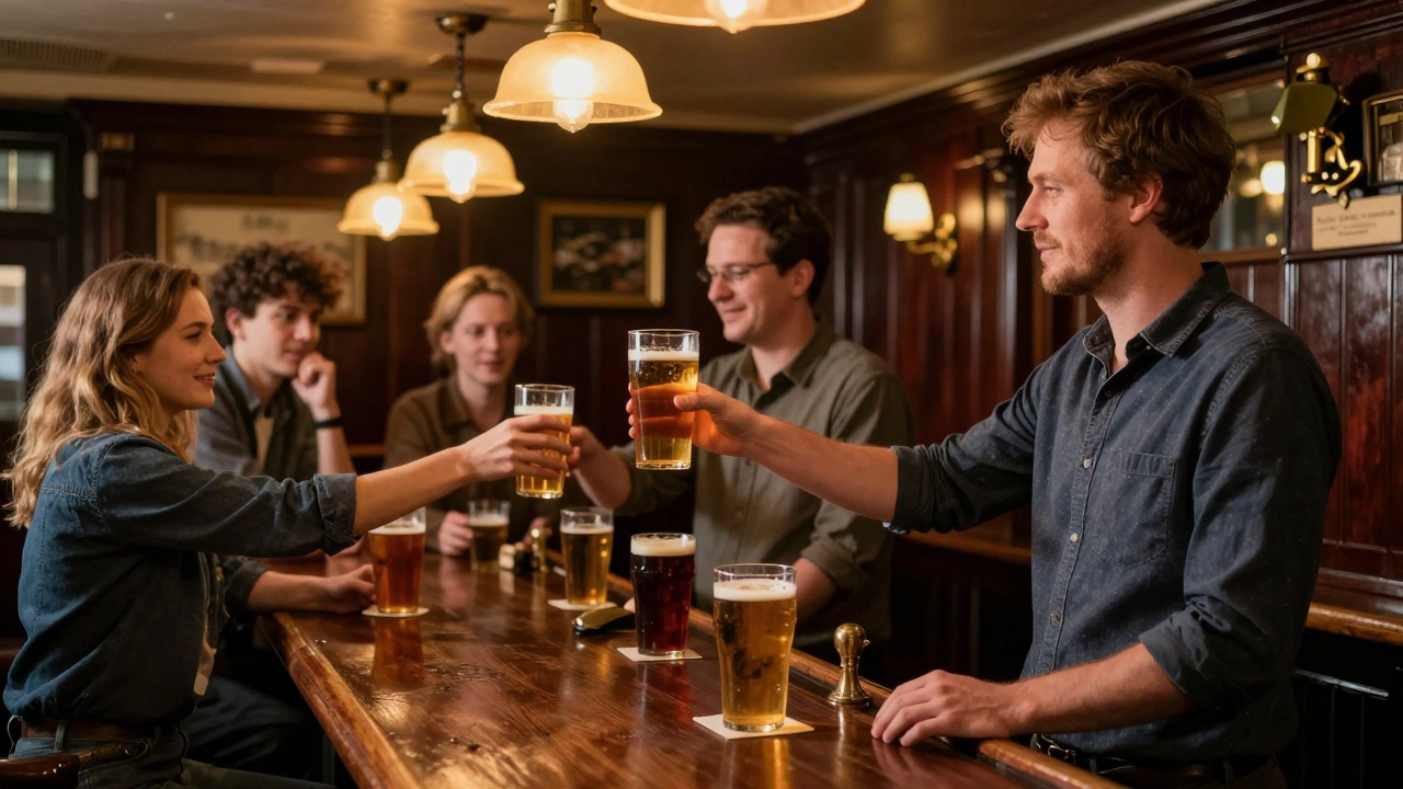 Tourist ordering a drink at the bar in a traditional British pub
