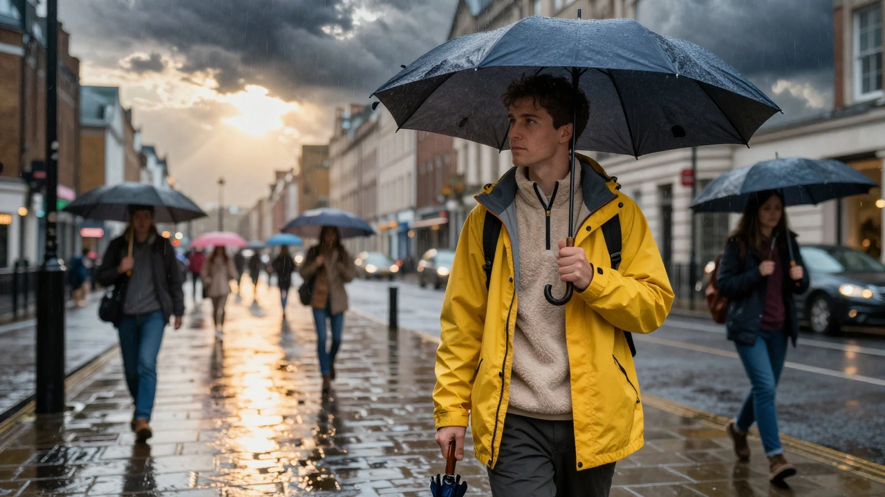 Traveler in waterproof layers walking through changing UK weather