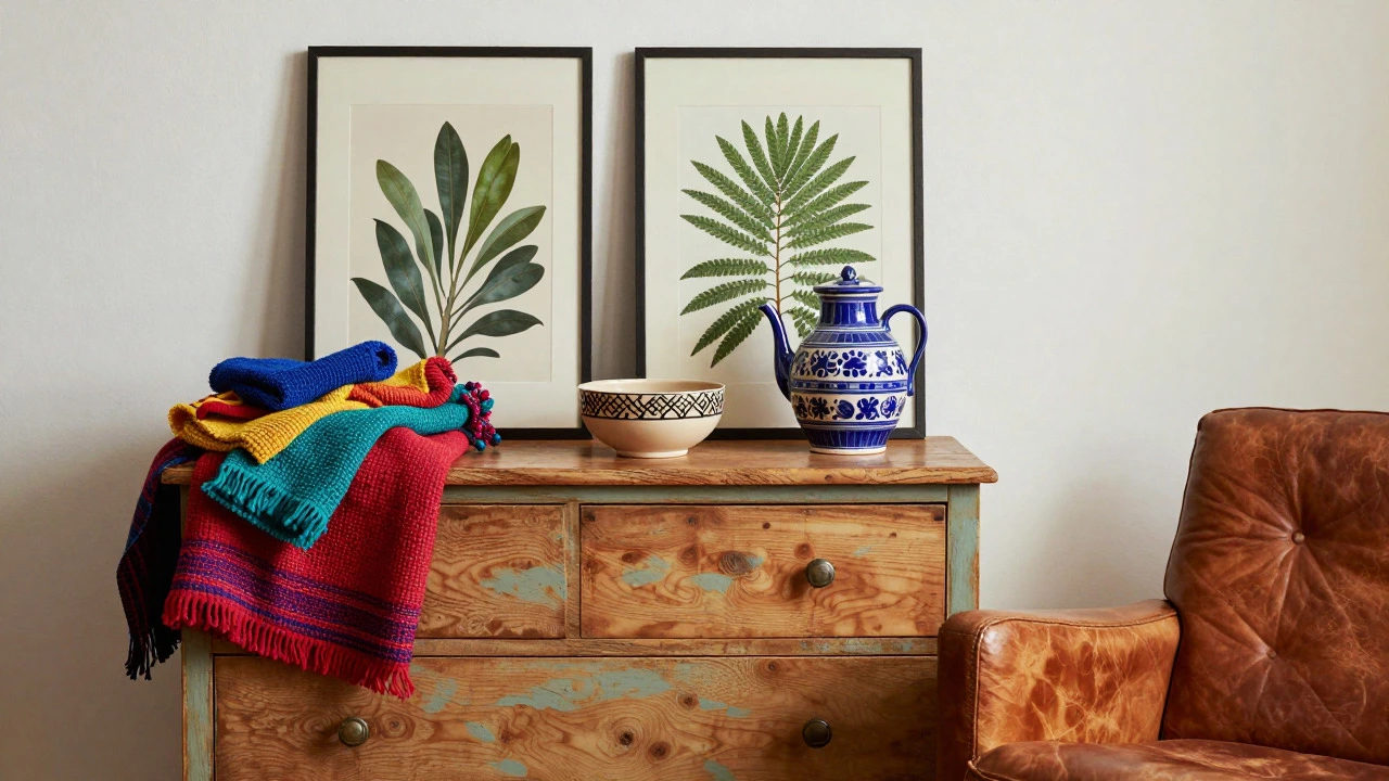 Vintage furniture mixed with colorful textiles and bold art accents