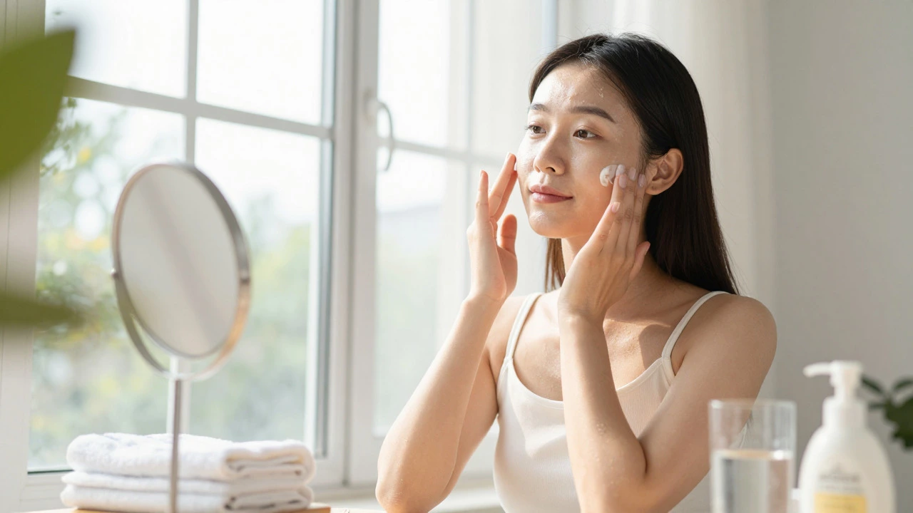 Woman applying sunscreen by window in bright morning light