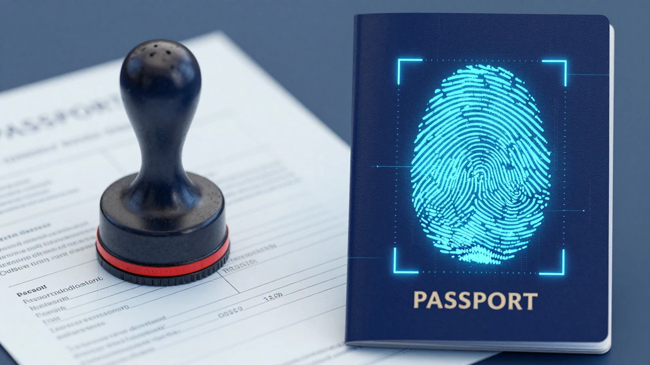 Abstract art comparing physical passport stamps with digital verification