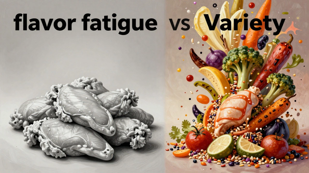 Artistic comparison of dull plain food versus a vibrant mix of colorful healthy ingredients