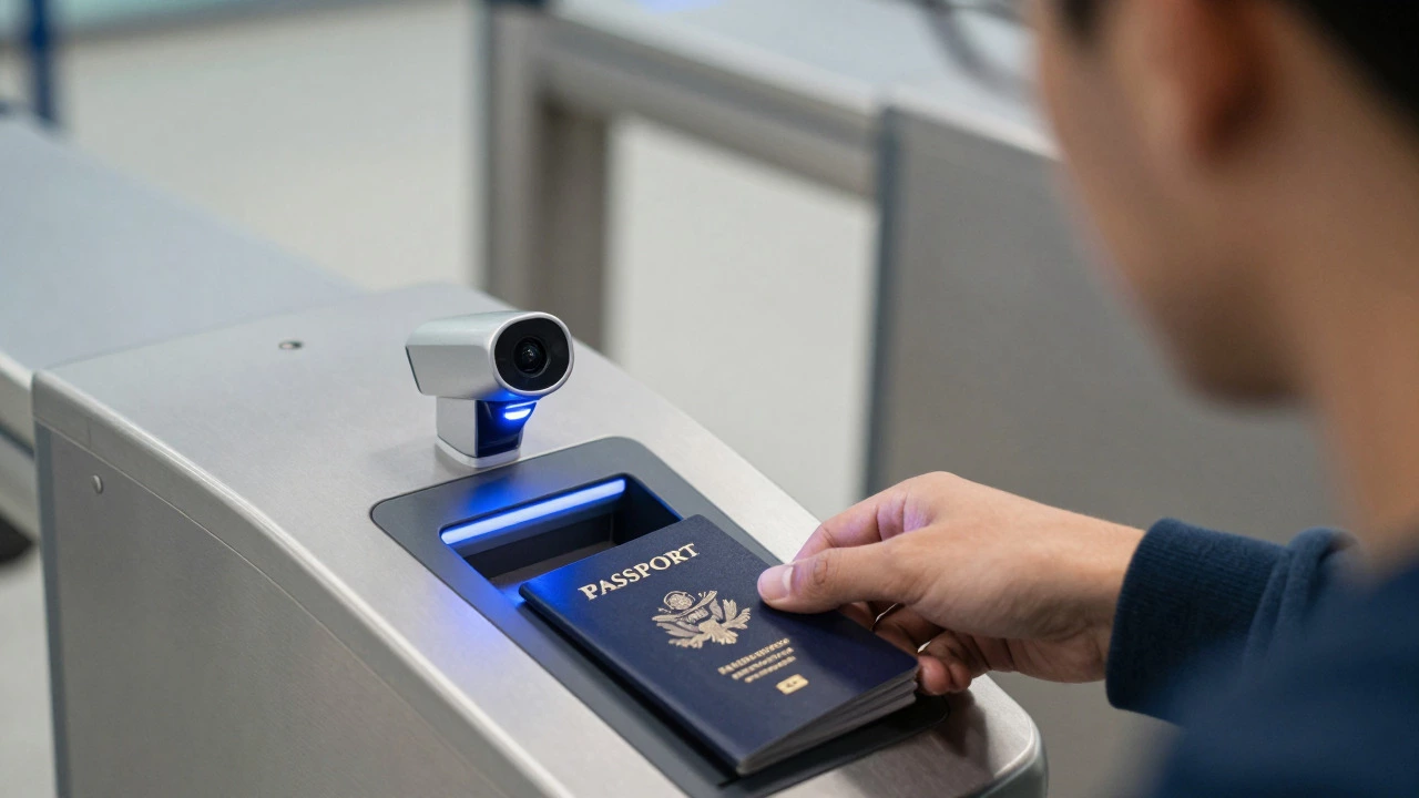 Close-up of passport scanning and facial recognition at an eGate kiosk