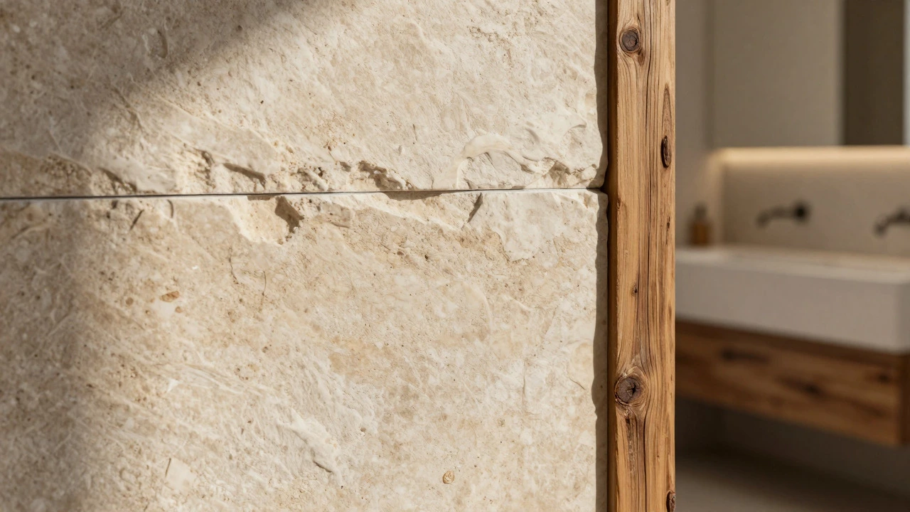 Close-up of stone veneer and reclaimed timber wall textures illuminated by soft natural light